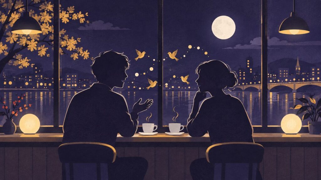 カフェのカウンターで並んで話す二人の横顔シルエット。二人の間を、小鳥や丸い光の粒が行き来して、会話が弾んでいるようす