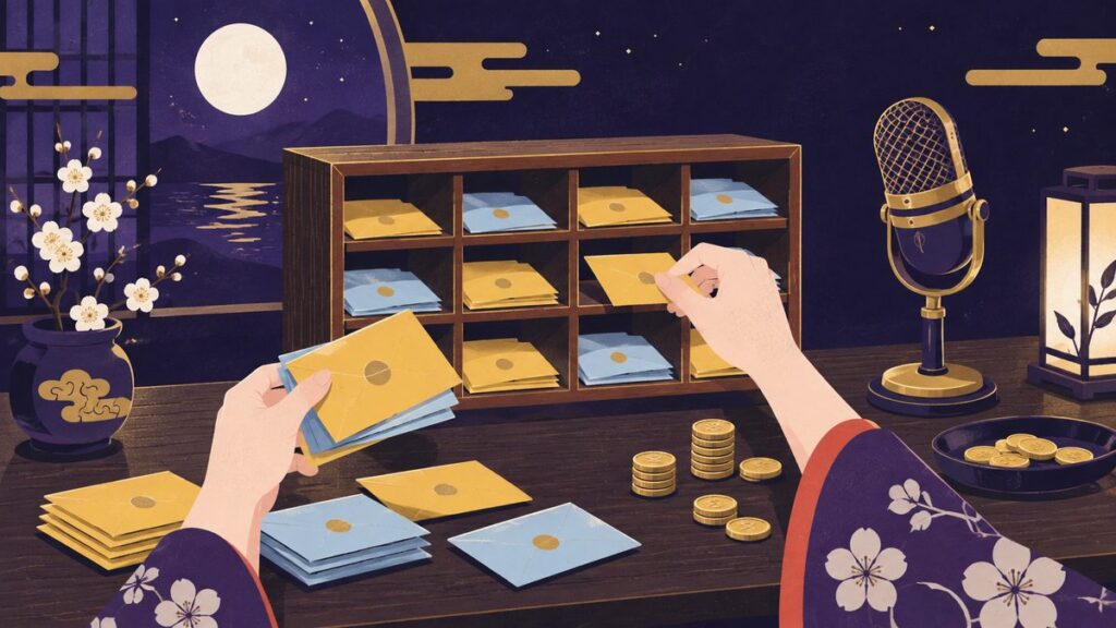 古いマイクの横で、色とりどりの小さな封筒を木の仕分け棚に分けている手元