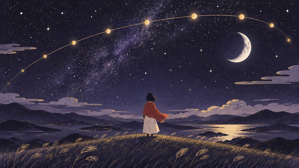 夜の丘の上に立つ人の後ろ姿の遠景。空には太陽の通り道を思わせるゆるやかな金色の弧があり、その上を小さな光の玉が少しずつ位置を変えて並んでいる