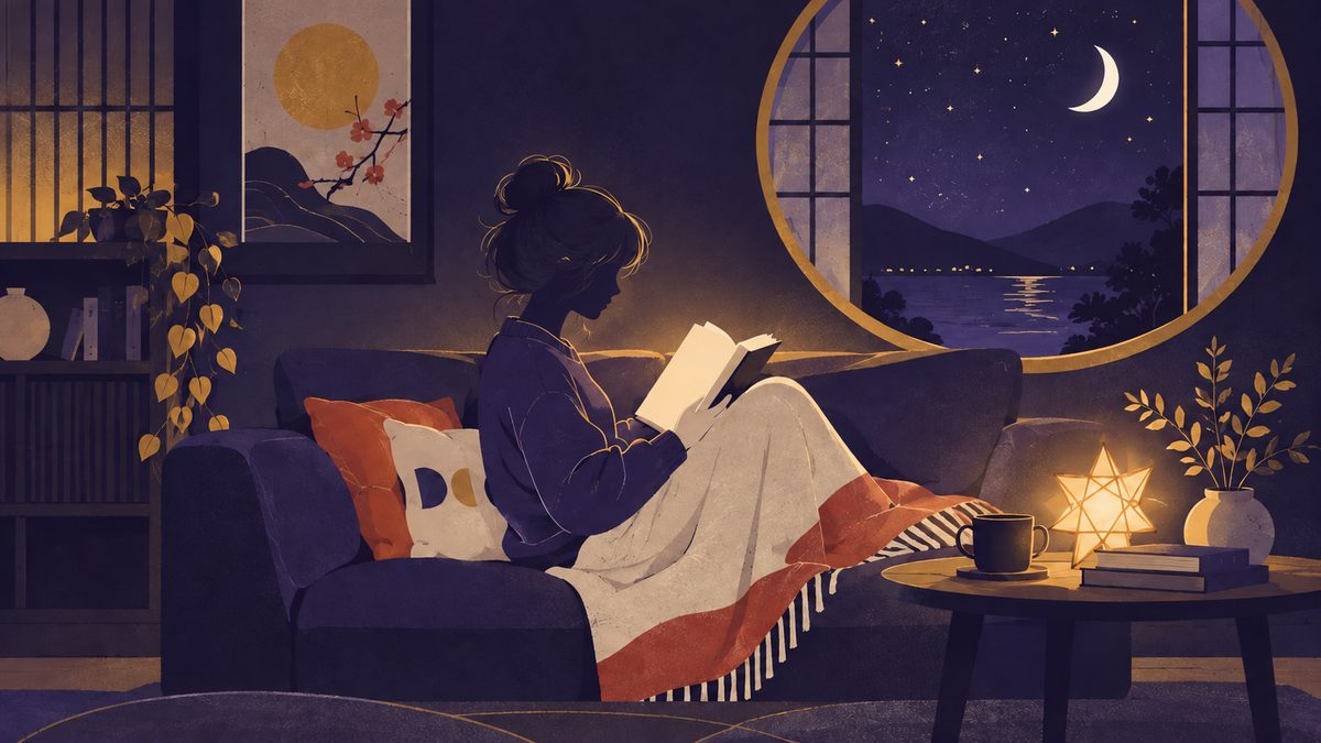 ソファに座った女性の横顔のシルエットが、膝の上の本を読みながら、となりに置いた小さな星形のランプの明かりに照らされている、くつろいだ夜の場面