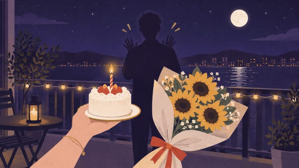 夜のバルコニーで、金のブレスレットをした手がろうそく1本のケーキとひまわりの花束を差し出し、向かいに相手のシルエットがいる