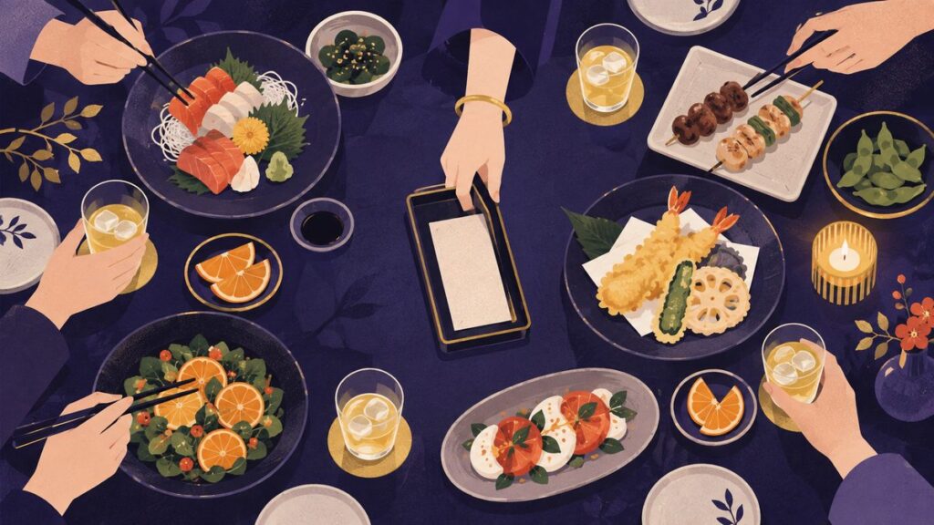 にぎやかな食事会のテーブルを上から見たところ。料理を取り分ける何人もの手の中、金のバングルをした手が伝票トレーを取ろうとしている