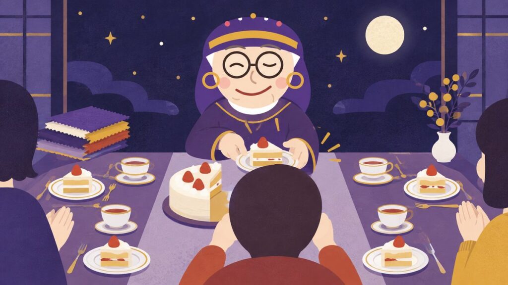 占いババアが、長いテーブルの真ん中で丸いケーキを切り分けてみんなに配っている人の前に、最後の一切れをそっと押し戻している。「自分の取り分まで譲っちゃだめ」の場面