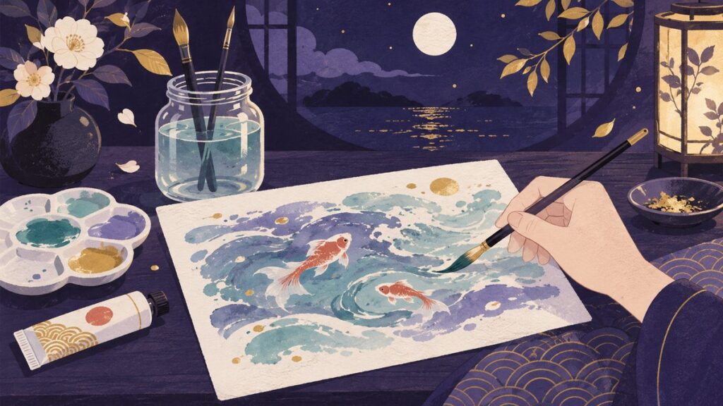 机で水彩絵の具を使い、海と魚の絵を描いている手元。水の入ったびんと筆、好きな香りのハンドクリームが置いてある