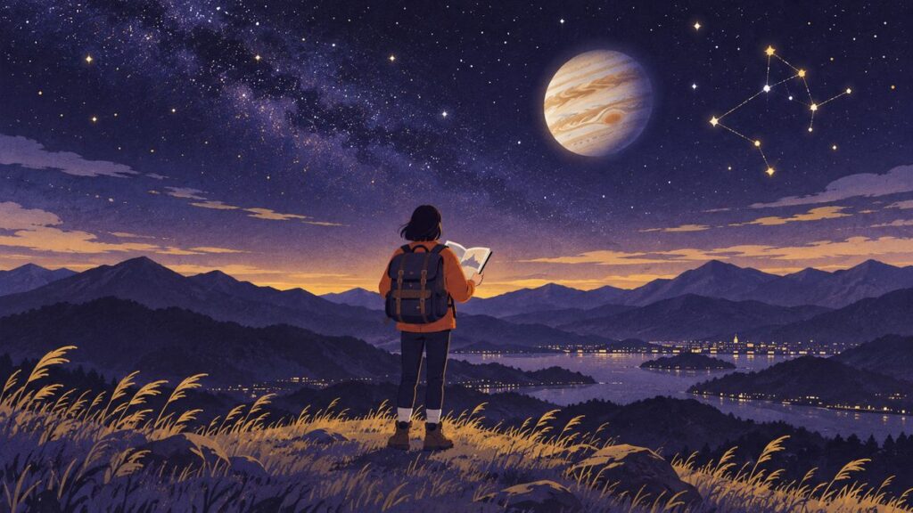 夕暮れの丘の上で、ガイドブックを手にリュックを背負った人の後ろ姿が、遠くの山なみと知らない町の灯りを見ている