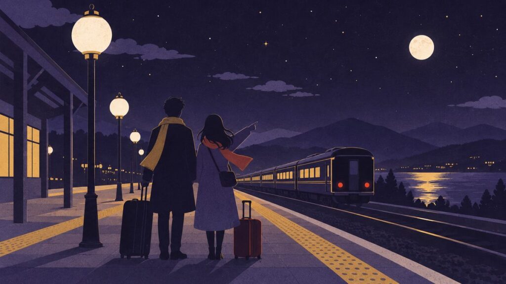 夜の駅のホームで、旅行かばんを持った二人のシルエット。一人が出発していく夜行列車の先を指さしている