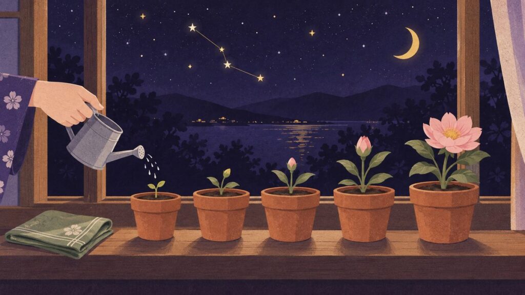 窓辺に並んだ鉢植えが、芽から花まで少しずつ大きくなっていく様子と、じょうろで水をやる手元。横にたたんだハンカチが置いてある