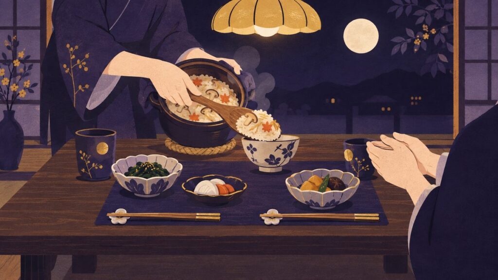 家のちゃぶ台で、季節の炊き込みごはんと小鉢を二人分並べ、相手の茶わんにごはんをよそっている手元