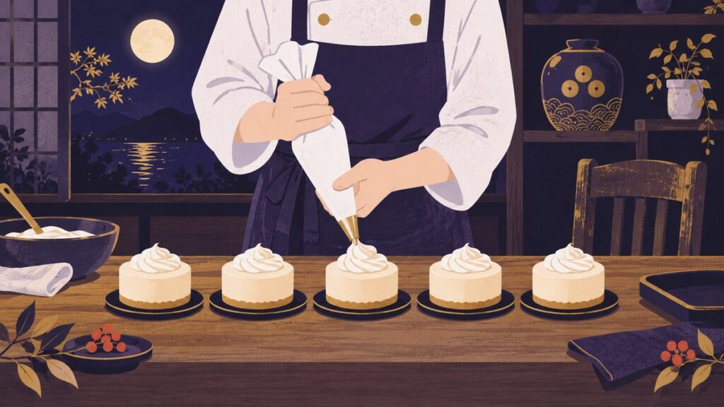 パティシエの手が同じ形のクリームを小さなケーキに一つずつしぼっている。後ろの棚に陶器の貯金つぼと、長く使い込んだ木の椅子がある