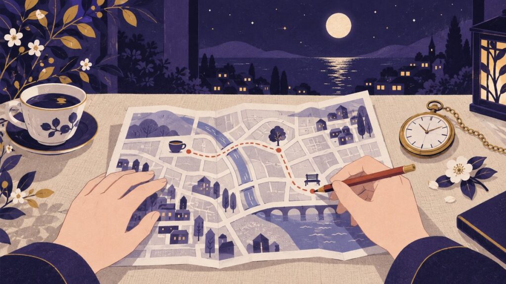 折りたたんだ紙の地図に、デートの道順を鉛筆で小さな絵の印を描きながら確かめている手元