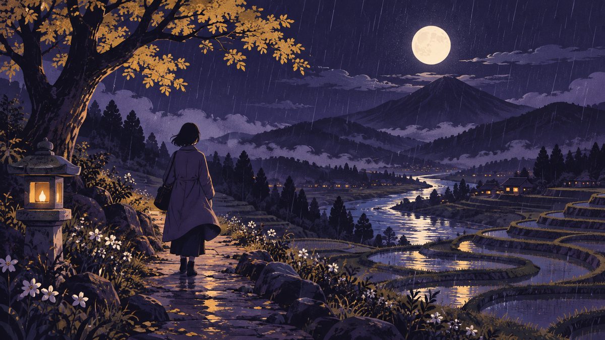 夜の風景の中に、大きな木、草花、ろうそくの灯り、山、田畑、川の流れ、雨のしずくが横にゆるやかにつながって描かれ、その手前を女性が小さな後ろ姿で歩いている遠景