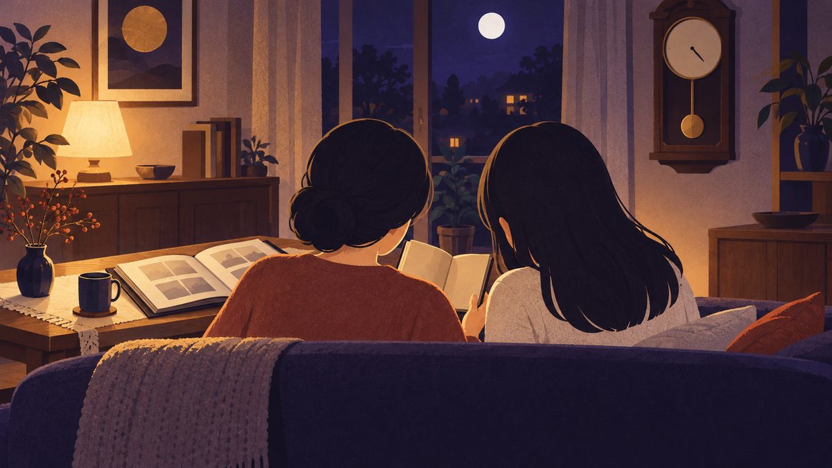 実家のリビングで、母と娘が並んで座り、古い手帳を一緒にのぞきこんでいる後ろ姿