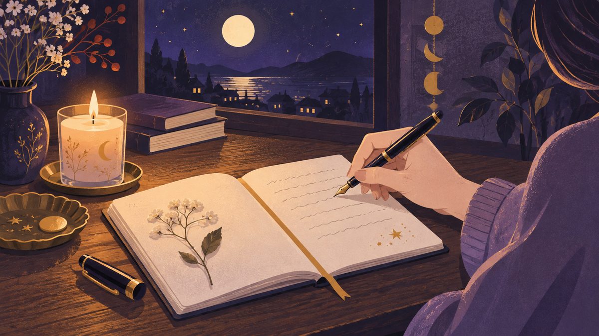 木の机の上で、開いたノートに手書きで何かを書いている手元のアップ