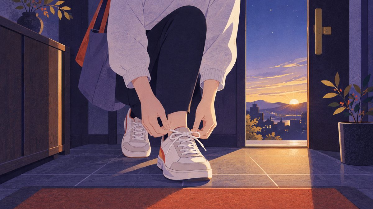 朝の玄関で、スニーカーのひもを結んでいる女性の手元と足もと。ドアの外には明けていく空と、消えかけの星