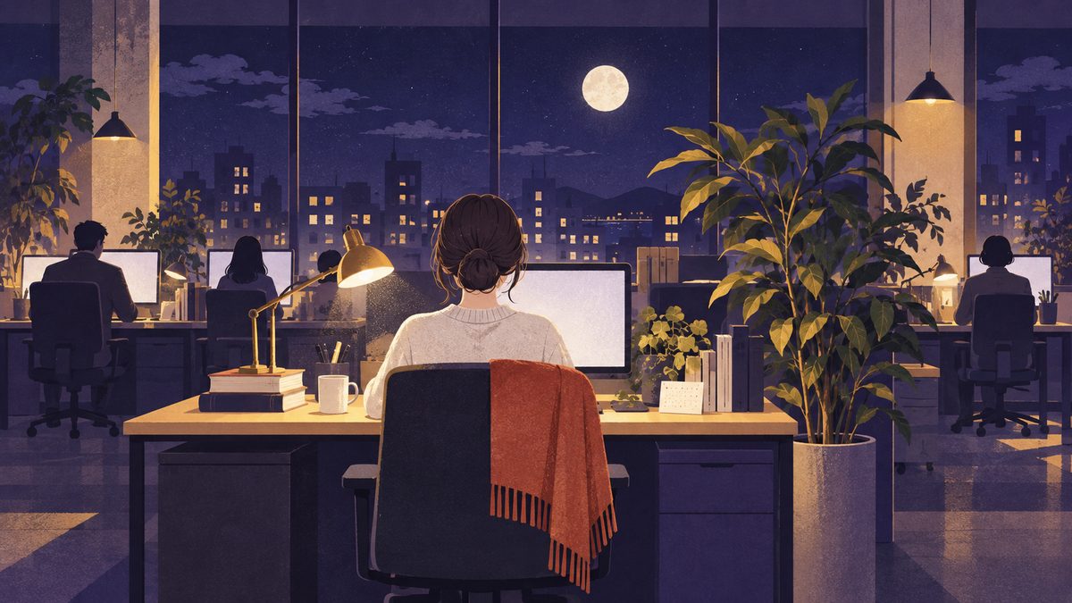 オフィスのデスクが並ぶ遠景。ひとりの女性が自分の席で、少し離れた席の人たちとの間に観葉植物を置き、ほどよい距離を保って座っている