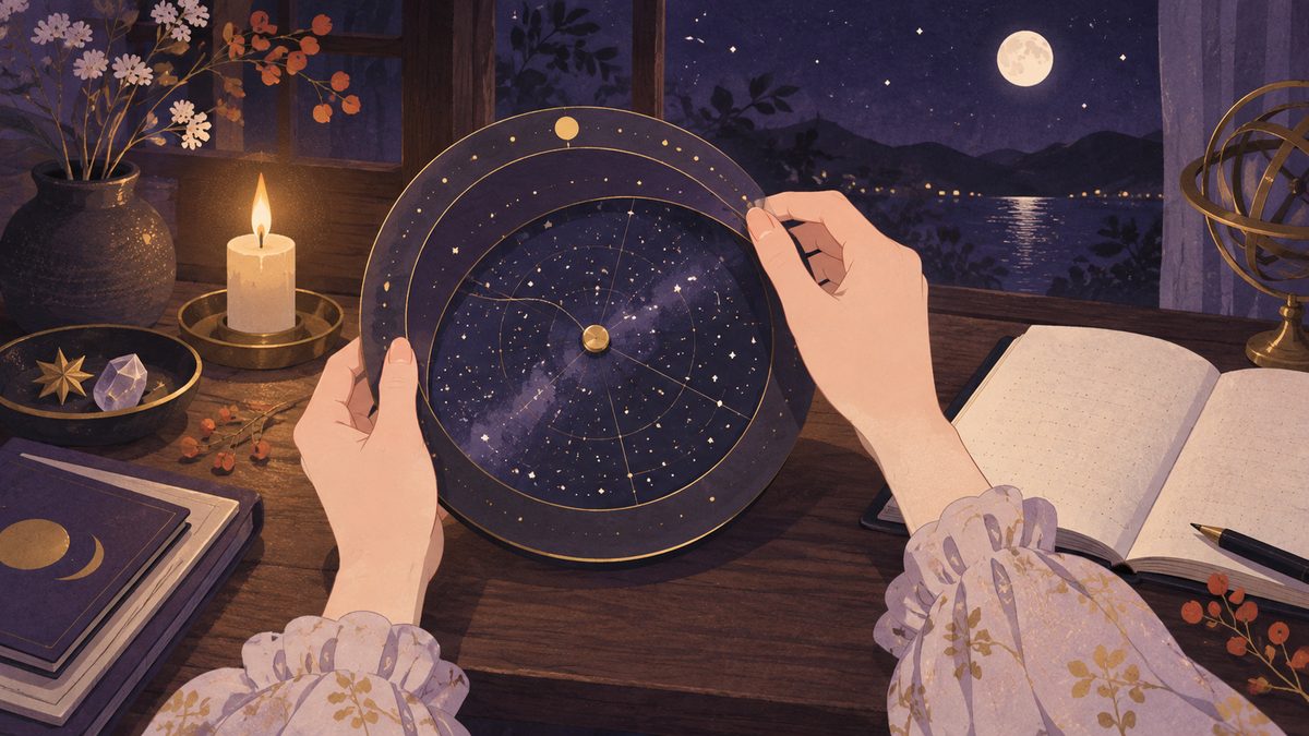 机の上に星座早見盤のような円盤と、小さなろうそく、ノートが置かれ、女性の手がその円盤をそっと回している手元