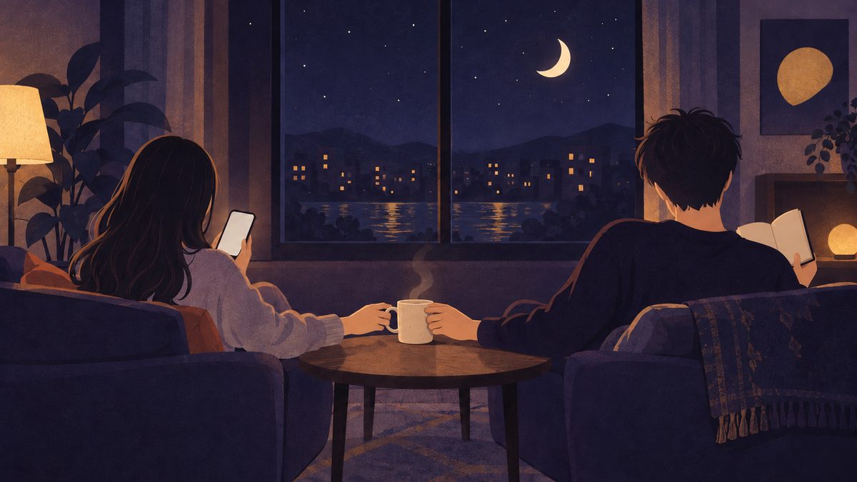 夜のリビングで、ソファの端と端に座った男女の後ろ姿
