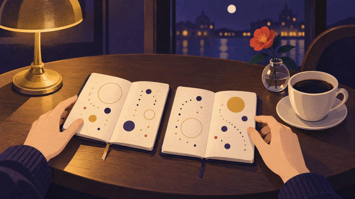 カフェのテーブルの上で、女性の手が二冊の小さなノートを並べて見くらべている手元