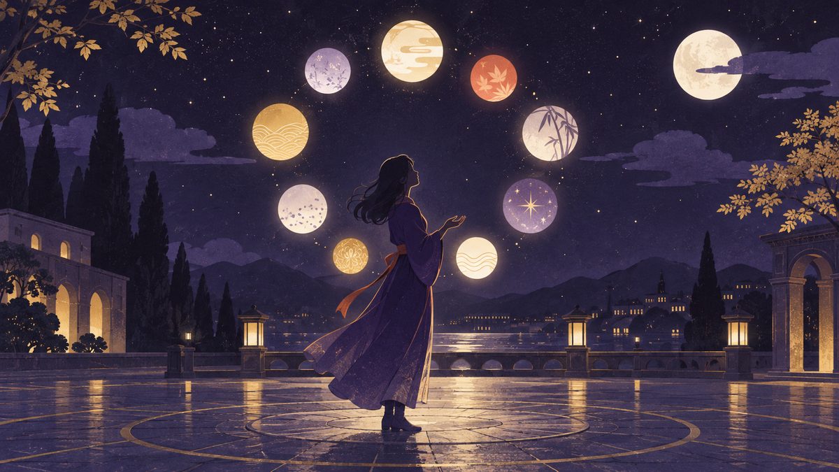 夜の広場に、色とかたちの違う9つの丸い灯りが円を描くように浮かび、その前に女性の横顔のシルエットが立っている
