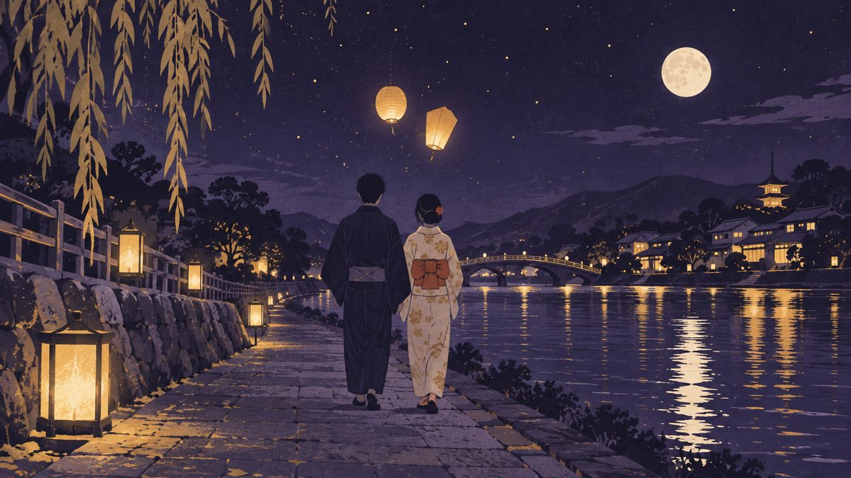 並んで歩く二人の後ろ姿。二人の上に、形の違う小さな灯りが寄りそうように浮かぶ