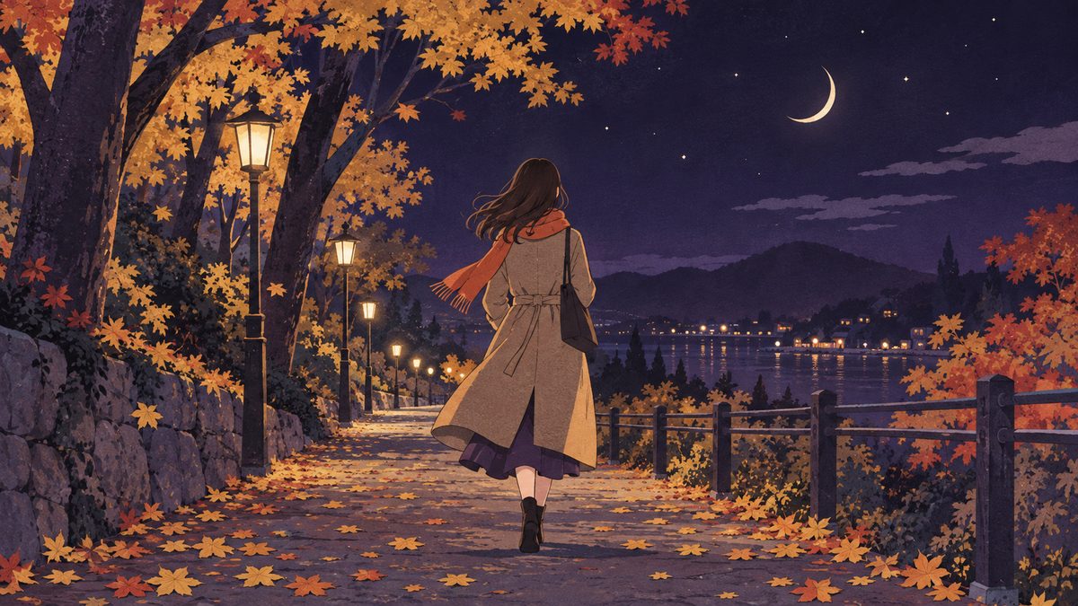 秋の夜道を、コートを着た女性が軽い足どりで歩いていく後ろ姿。足もとには落ち葉、空には細い月と小さな星