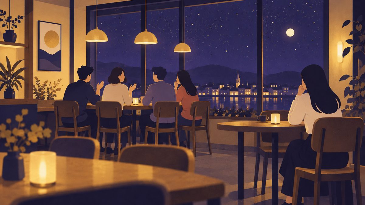 カフェのテーブルを囲む友達グループを遠景で描く