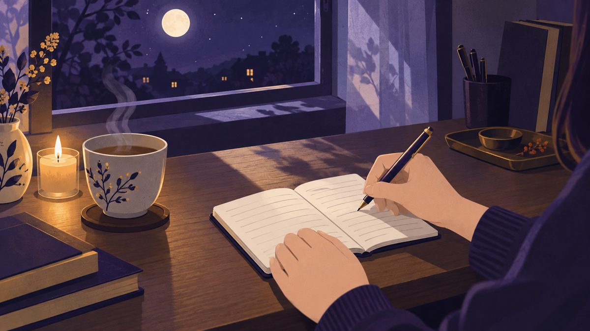 夜の部屋で、女性の手元が小さなノートにペンで何かを書いている