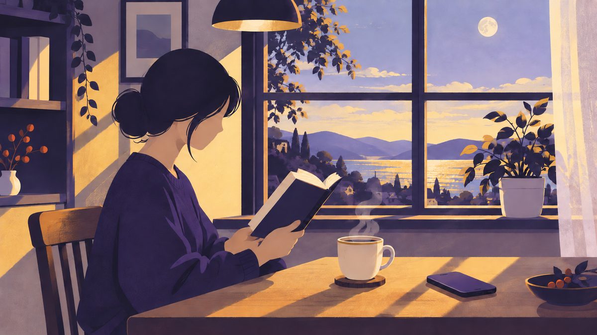 休日の昼下がり、窓辺のテーブルで女性が横顔のシルエットで本を読んでいる