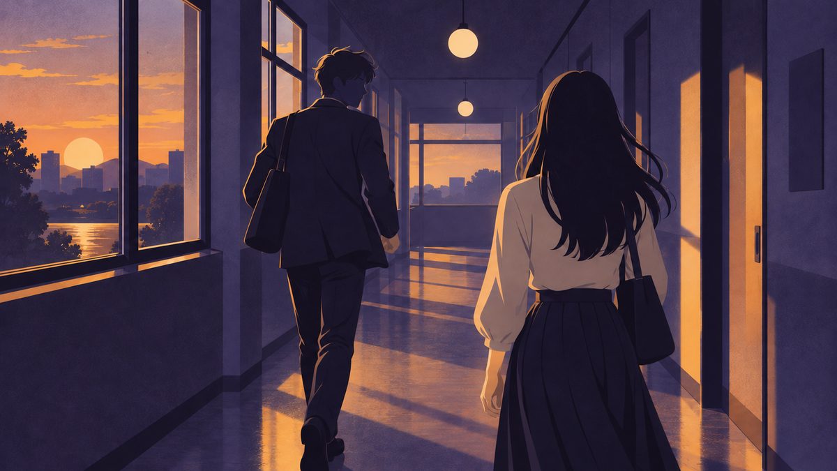 廊下ですれちがう男女の後ろ姿
