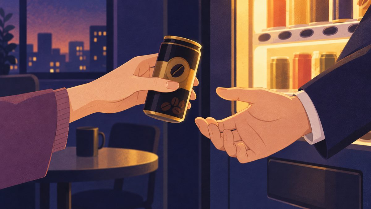 夕方の休憩スペースで、女性が男性に缶コーヒーを差し出している手元