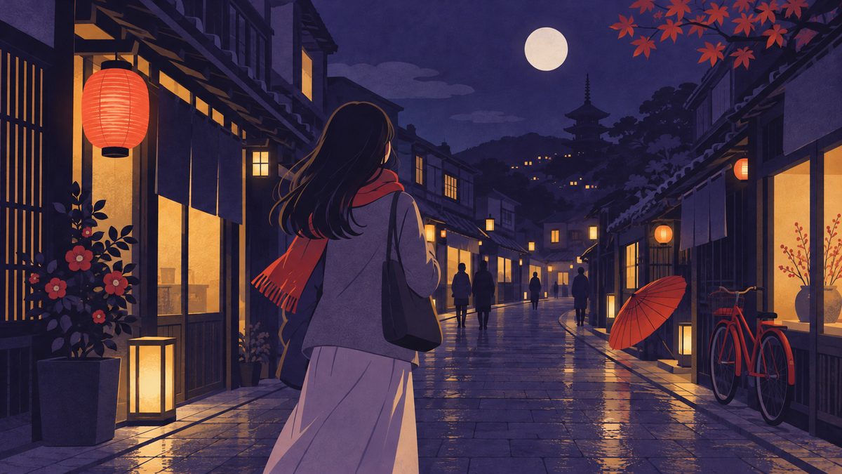 夜の商店街を歩く女性の後ろ姿