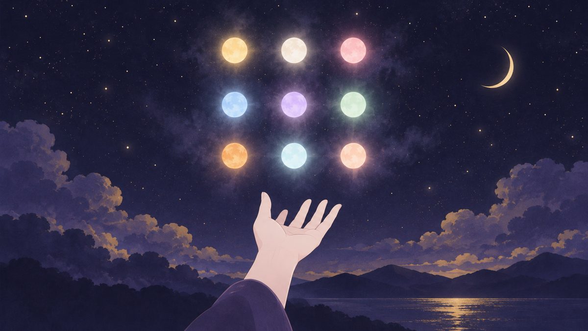 9つの小さな色の玉が、3つずつ3段の格子に並んで夜空に浮かび、下から女性の手がそれを見上げるように差し出されている