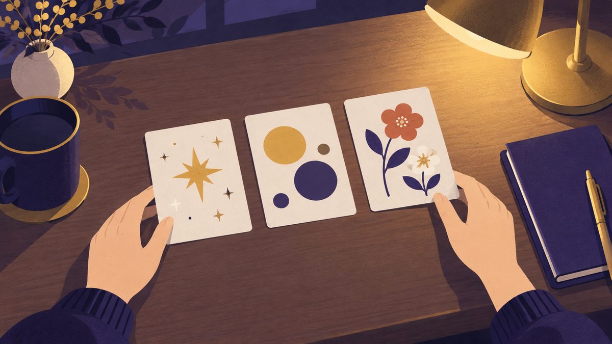 机の上で、3枚のカードを並べて見くらべている女性の手元