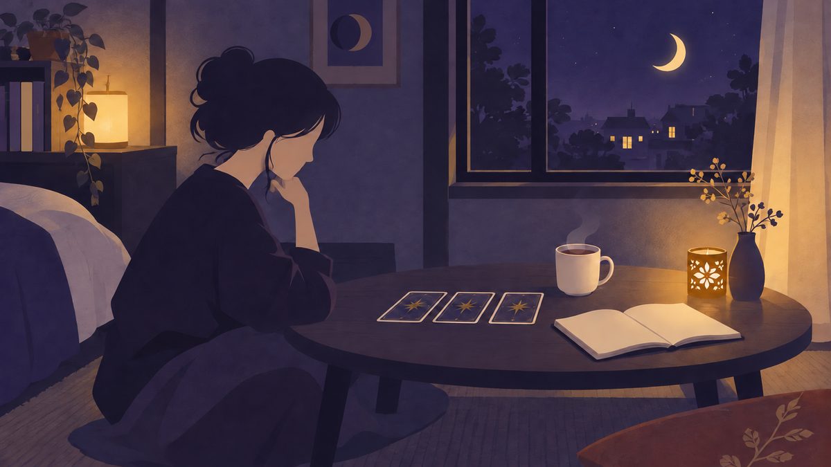 夜の部屋でカードを3枚並べて見つめる女性の横顔のシルエット