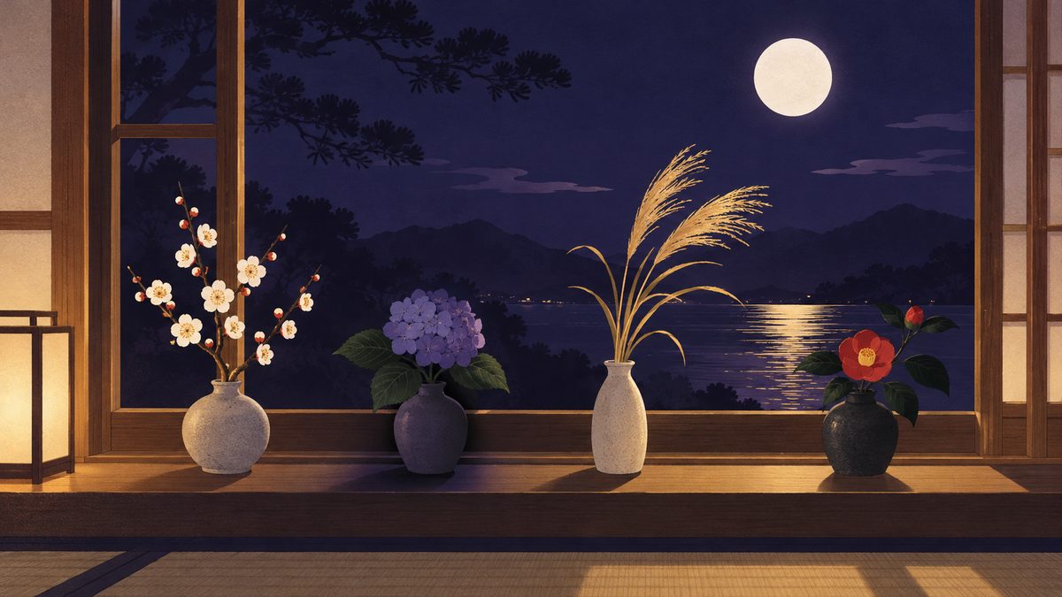 和室の窓辺に、季節ごとの草花(梅の枝、紫陽花、すすき、椿)を挿した小さな花瓶が一列に並び、そのうち初夏の紫陽花の花瓶だけに薄い影がかかっている