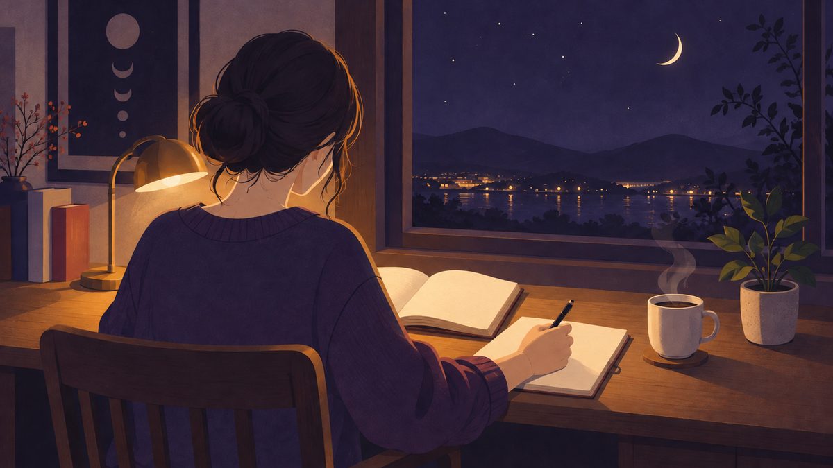夜の部屋で、女性が机に向かって本を開き、ノートに書きこんでいる手元と肩ごしの後ろ姿