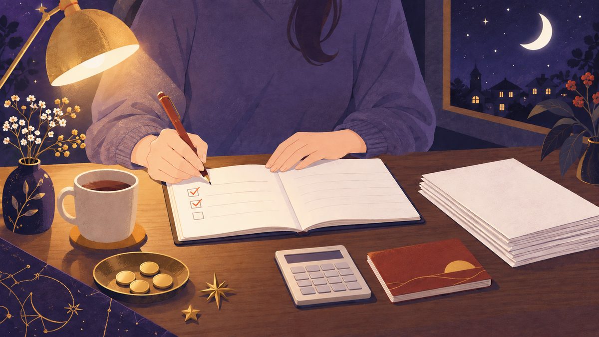 机の上に、ノート、電卓、求人の紙の束、通帳のような小さな手帳が置かれ、女性の手がペンでノートに印をつけている手元