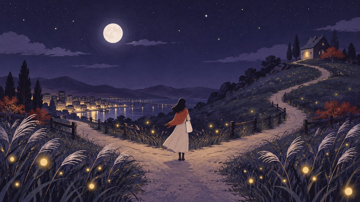 二つに分かれた夜道の分かれ道の手前に、小さなかばんを持った女性が立っている遠景。片方の道は街の灯り、もう片方は丘の上の小さな建物につながっている