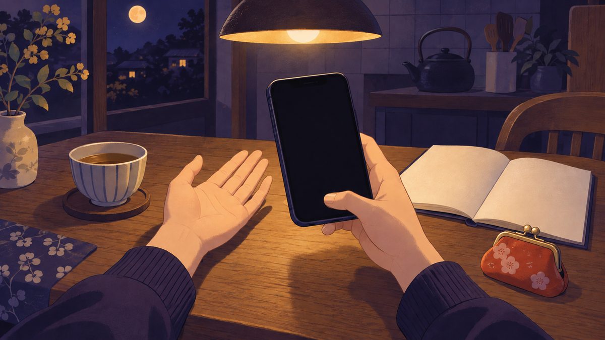 夜の台所のテーブルで、片手でスマホを持って自分の手のひらを撮り、そばに小さながま口財布と白紙のノートが置いてある