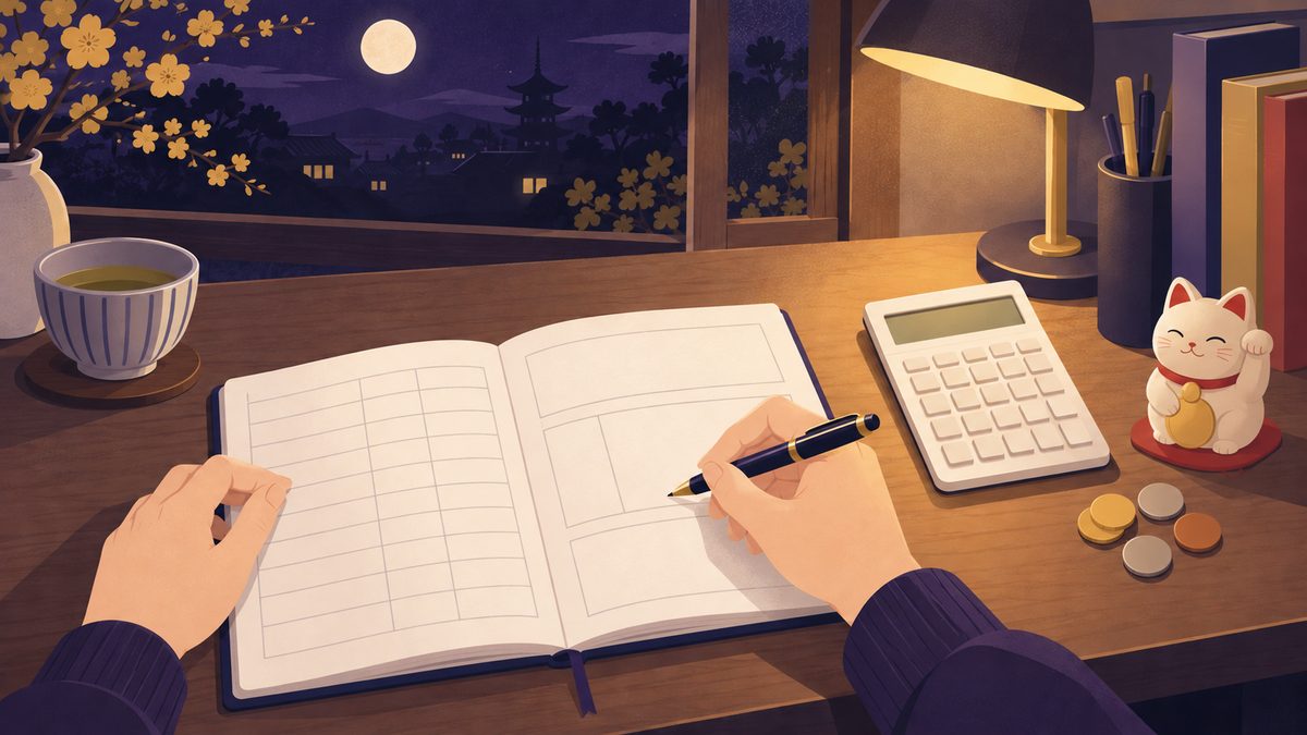 机の上で、片手にペンを持ち白紙の家計ノートに向かっている手元