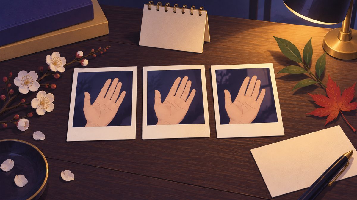 机の上に並んだ3枚のポラロイド風の写真