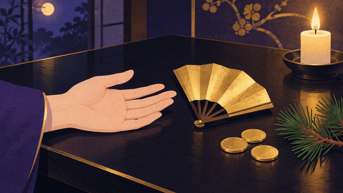 机の上に開いた手のひらの横に、金色の小さな扇が半分開いて置かれている