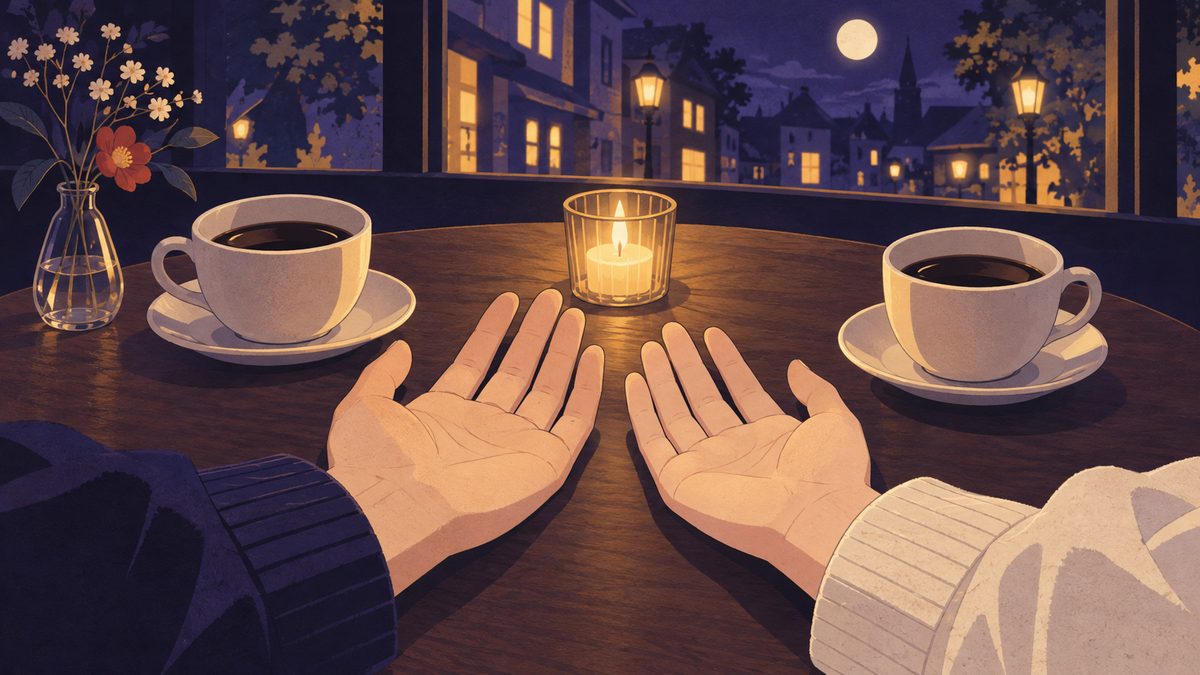 夜のカフェのテーブルの上で、ふたりの手のひらが並んで上を向いている