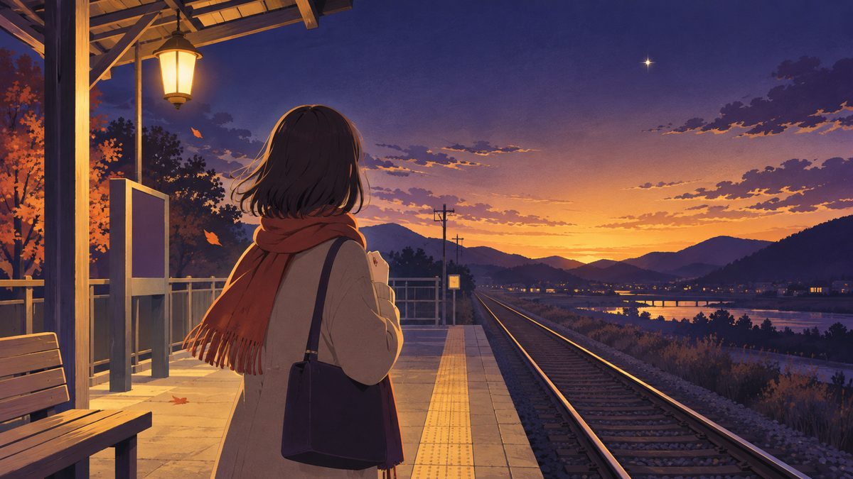 夕暮れの駅のホームで、電車を待つ女性の後ろ姿