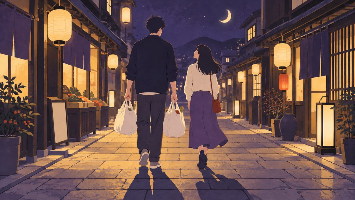夜の商店街の帰り道、背の高い若い男性が重そうな買い物袋を両手に持ち、となりの女性が身軽に歩きながら彼を見上げている後ろ姿