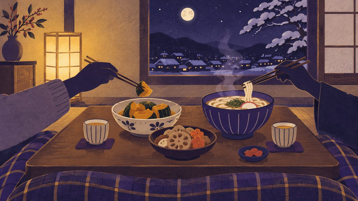 こたつの上に、かぼちゃの煮物の小鉢、れんこんとにんじんの入った器、湯気の立つうどんのどんぶりが並び、両側から2人の手が箸をのばしている手元の場面