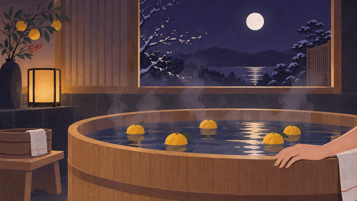 木の湯船に丸いゆずがいくつも浮かび、湯気がやわらかく立ちのぼっている。湯船のふちに女性の片手だけがそっと置かれていて、小さな窓からは冬の月が見える