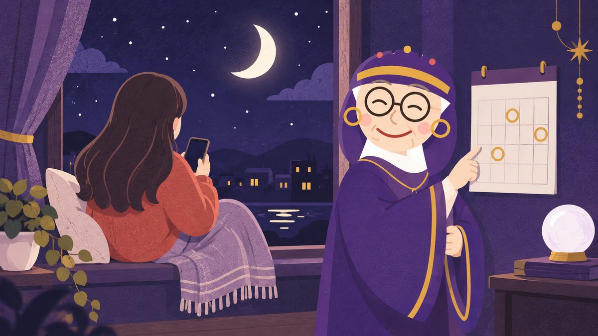 窓辺でスマホを握って待ち続ける女性の後ろ姿に、占いババアが横から壁の小さなカレンダーを指さし「区切りをつけな」と教えている