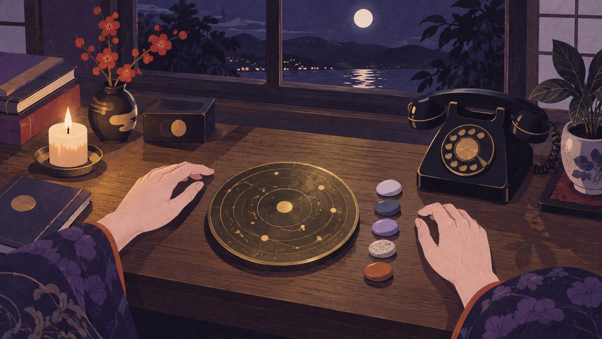 机の上に星図の描かれた丸い円盤、小石を並べたような数のならび、受話器の置かれた古い電話が並んでいて、女性の手元がそれらを見比べている