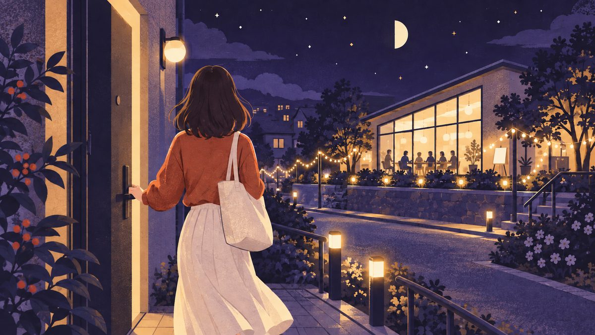 夜の街の明るい建物に向かって、女性が玄関から一歩踏み出す後ろ姿。窓の中には人が集まっている影が小さく見える